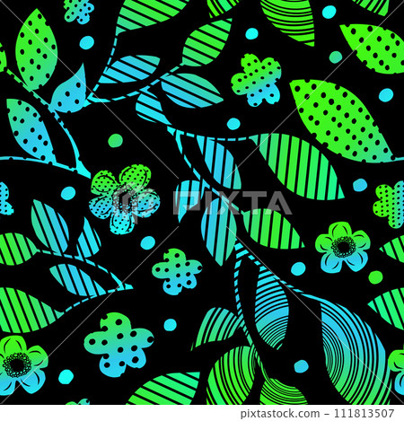 Seamless pattern of green and blue decorative tree leaves and flowers on a black background. hand drawing. Not AI, Vector illustration 111813507
