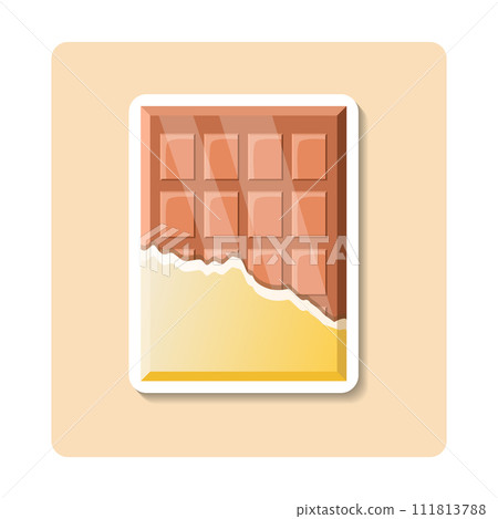 Chocolate sticker illustration. Bar, square, wrapper, open. Editable vector graphic design. Chocolate sticker illustration. Bar, square, wrapper, open. Editable vector graphic design. 111813788