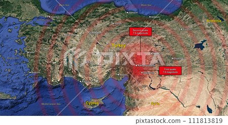 Turkey Earthquake. Wave with Circle Vibration. Turkish map. Science and news. illustration 111813819