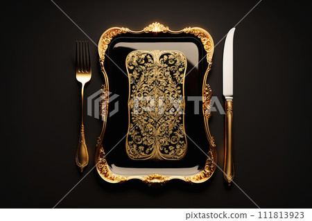 Ornate golden empty plate with fork and knife on dark background. Top view, flatlay. Copy space, add food. Ai Generative 111813923