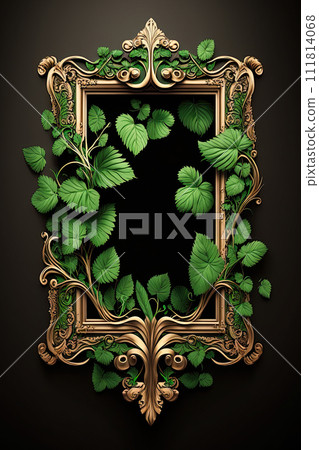 Vintage ornate Picture framewith green leaves and vines with empty space for text or logo. Generative Ai 111814068
