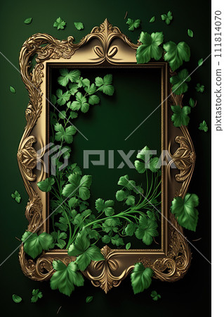 Vintage ornate Picture framewith green leaves and vines with empty space for text or logo. Generative Ai Vintage ornate Picture framewith green leaves and vines with empty space for text or logo. Generative Ai 111814070