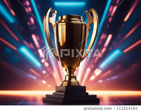 a lighted golden trophy set against a blue and crimson backdrop, resting on a dark plinth, 111814165