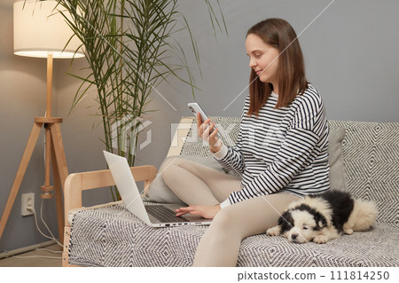 Attractive Caucasian woman wearing striped shirt sitting on sofa with her puppy dog using mobile phone laptop computer reading news in social network chatting online Attractive Caucasian woman wearing striped shirt sitting on sofa with her puppy dog using mobile phone laptop computer reading news in social network chatting online 111814250