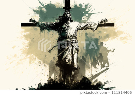 Jesus Christ crucified on the cross at Calvary hill. Ai generative 111814406
