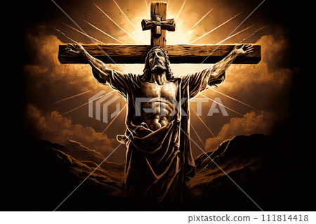 Jesus Christ crucified on the cross at Calvary hill. Ai generative 111814418