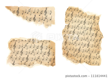 Parchment piece of paper with old music melody, song scrapbook sheet isolated on white background, design element, frame. 111814441