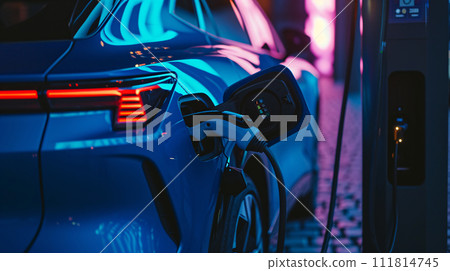 an electric vehicle gracefully connected to a charging station point 111814745