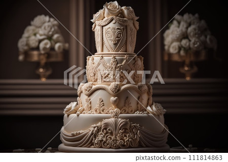 Large wedding cake decorated with a beautiful decor of cream. Generative Ai 111814863