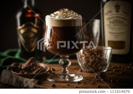 Irish Coffee winter warming drink with whiskey with sugar and coffee, and top it with cream. 111814870