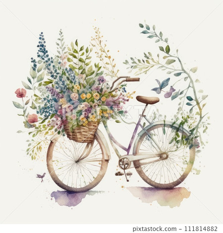 Retro bicycle with flowers in the basket on white background, watercolor style. Generative Ai 111814882
