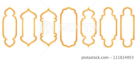 Ramadan golden frame. Islamic window shape. Arabic vector arch. Muslim vintage border for design. Indian decoration in oriental style. 111814953
