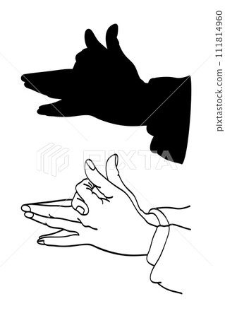 Hand shadow of a wolf. Shadowgraphy, ombromanie, or also called cinema in silhouette, the art of performing a show using images made by hand shadows, created by certain finger positions. Illustration. Hand shadow of a wolf. Shadowgraphy, ombromanie, or also called cinema in silhouette, the art of performing a show using images made by hand shadows, created by certain finger positions. Illustration. 111814960