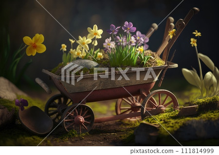 Wheelbarrow with flowers and gardening equipment 111814999