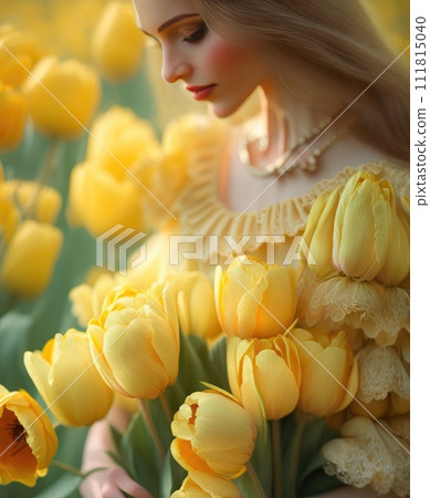 A woman is holding a bouquet. Girl with flowers. Generative Ai. 111815040