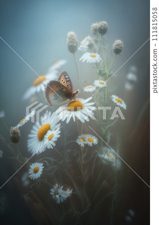 Beautiful butterfly sits on a chamomile flower. Generative AI Beautiful butterfly sits on a chamomile flower. Generative AI 111815058