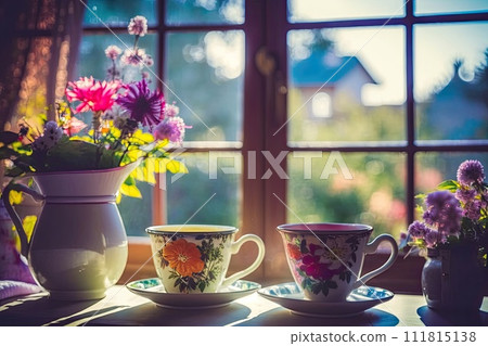 Cups of tea and beautiful flowers. Refined vintage dishes. 111815138