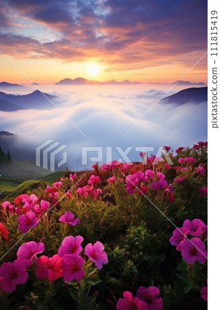 Blooming meadow among mountains. High peaks and flowers. Beauty in nature. 111815419