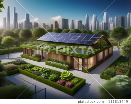 environmentally conscious art, a greenhouse that has a solar panel on top of it and a large number of trees and shrubs surrounding it, environmentally conscious art, a greenhouse that has a solar panel on top of it and a large number of trees and shrubs surrounding it, 111815449