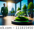 a man dressed in a suit standing behind a glass dome with a plant placed inside of it on a table in front of a window. This image is an example of an environmentally conscious business. 111815450
