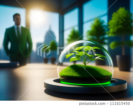 a man dressed in a suit standing behind a glass dome with a plant placed inside of it on a table in front of a window. This image is an example of an environmentally conscious business. a man dressed in a suit standing behind a glass dome with a plant placed inside of it on a table in front of a window. This image is an example of an environmentally conscious business. 111815450