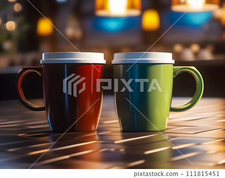 Red and green coffee cups are positioned close to one another on a tabletop against a hazy backdrop. Red and green coffee cups are positioned close to one another on a tabletop against a hazy backdrop. 111815451