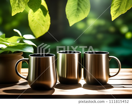 Three coffee mugs rest on a table with a plant in the background and sunshine filtering through its leaves. Three coffee mugs rest on a table with a plant in the background and sunshine filtering through its leaves. 111815452