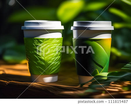 With a green leaf on the side, two take-out cups of coffee are placed on a table beside plants and foliage in the sunshine. With a green leaf on the side, two take-out cups of coffee are placed on a table beside plants and foliage in the sunshine. 111815487