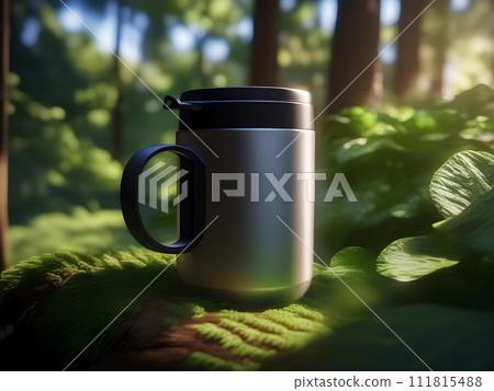 a coffee cup lit by the sun's rays as it filters through the foliage in the forest's shade. a coffee cup lit by the sun's rays as it filters through the foliage in the forest's shade. 111815488