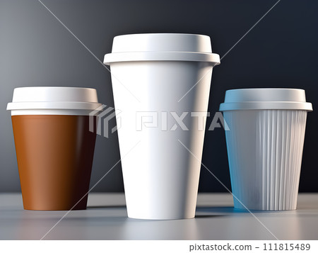 A tabletop featuring three distinct varieties of to-go coffee cups against a black backdrop. A tabletop featuring three distinct varieties of to-go coffee cups against a black backdrop. 111815489
