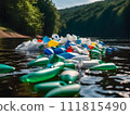 Floating trash piles of plastic in the midst of a stream, framed by majestic mountains 111815490