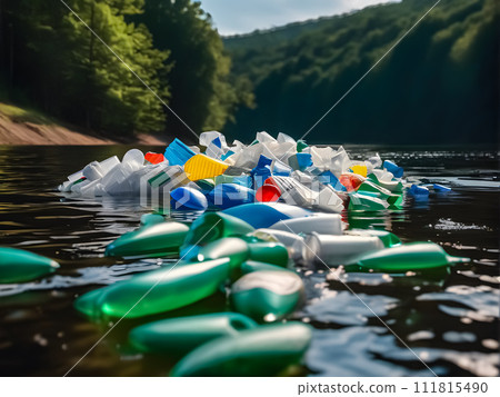 Floating trash piles of plastic in the midst of a stream, framed by majestic mountains Floating trash piles of plastic in the midst of a stream, framed by majestic mountains 111815490