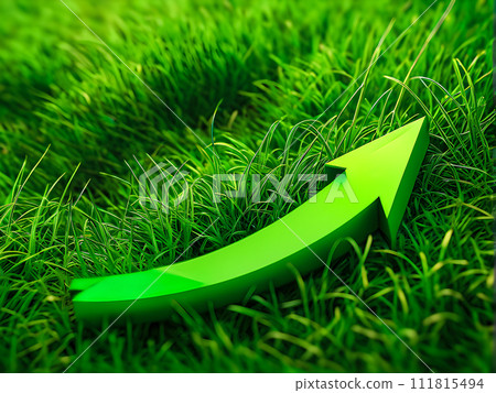 a green arrow pointing up in the grass with a green background, a sustainable business concept a green arrow pointing up in the grass with a green background, a sustainable business concept 111815494