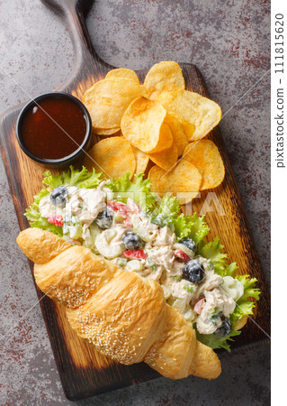 Chicken salad sandwich with grapes, onions, celery, dressed with mayonnaise close-up on a wooden board. Vertical top view Chicken salad sandwich with grapes, onions, celery, dressed with mayonnaise close-up on a wooden board. Vertical top view 111815620