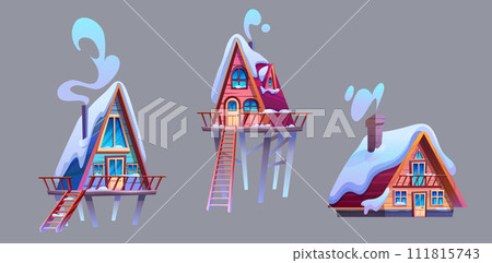 Wooden cabin covered with snow 111815743