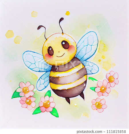 Cute small cartoon bee. Watercolor style. Generative Ai Cute small cartoon bee. Watercolor style. Generative Ai 111815858