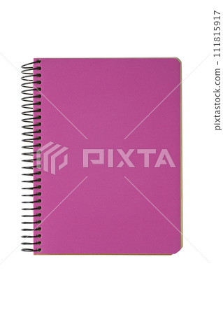 Closed spiral bound notepad with pink cover isolated on white background Closed spiral bound notepad with pink cover isolated on white background 111815917