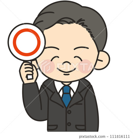 Illustration of a man wearing a business suit raising a circle tag Illustration of a man wearing a business suit raising a circle tag 111816111