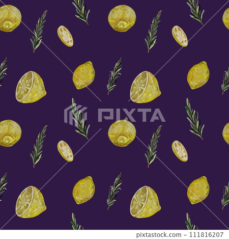 Lemon rosemary fresh a violet watercolor pattern 111816207