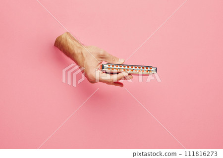 Male hands sticking out pink background and playing harmonica. Blues music festival promotion with a focus on harmonica artists. Male hands sticking out pink background and playing harmonica. Blues music festival promotion with a focus on harmonica artists. 111816273