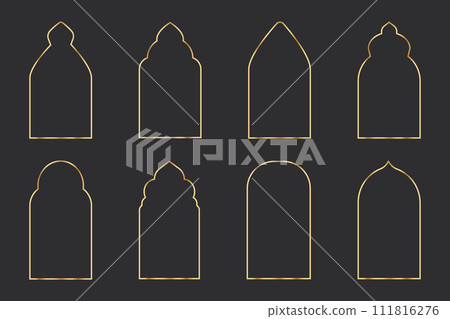 Set gold arch frame thin line border elegant deco divider, minimal arab window, door design shiny isolated on dark background. 111816276