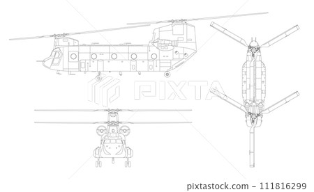 Military transport helicopter. Isolated outline drawing of armed copter. Top, front and side views. Line clipart. Industrial blueprint of war force aviation. Army cargo vehicle Military transport helicopter. Isolated outline drawing of armed copter. Top, front and side views. Line clipart. Industrial blueprint of war force aviation. Army cargo vehicle 111816299
