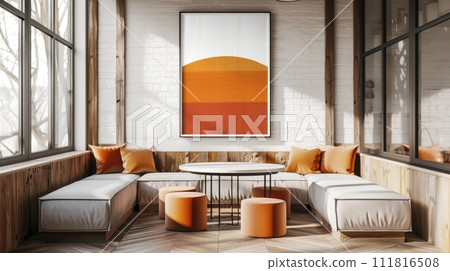 AI-generated content. Elegant Cafe Interior with Natural Light and Modern Aesthetic Design 111816508