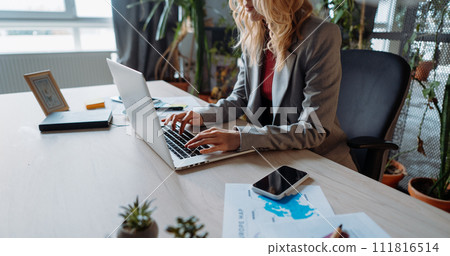 Modern Workspace with Computer, Laptop, and Plant on Table: A Practical and Efficient Setup for White-Collar Workers 111816514