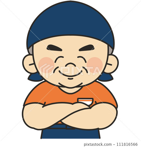 Illustration of a restaurant employee wearing a sling and folding his arms with a smile 111816566