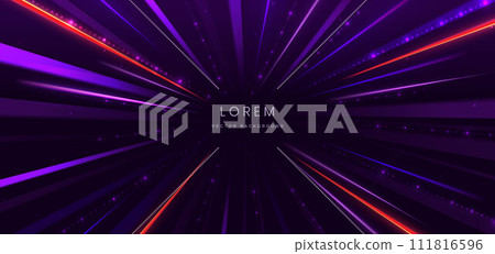 Abstract technology futuristic glowing neon purple and red light ray with speed motion moving on dark purple background. Abstract technology futuristic glowing neon purple and red light ray with speed motion moving on dark purple background. 111816596