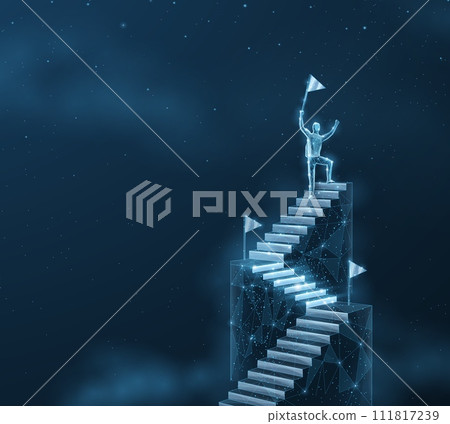 Man on the top of ladder. Digital success, succeed path, accomplish mission, digital transformation 111817239