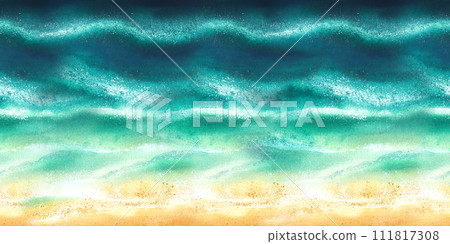 Seashore, ocean with sand and azure waves, top view. Watercolor illustration, painting. For the background, decoration and design of posters, postcards, banners, prints, decor. Seamless border 111817308
