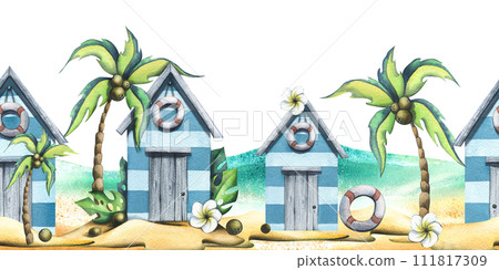 Beach, sea houses, cute, wooden with coconut palms on a sandy island. Watercolor illustration in cartoon style. Seamless summer, beach border for fabric, textiles, wallpaper, packaging, souvenirs 111817309