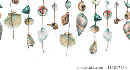 Various seashells are round, spiral, suspended on ropes. Marine garlands for decoration. Hand drawn watercolor illustration. Seamless border isolated from background 111817314